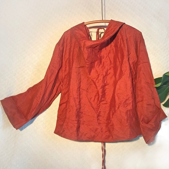 Zara 100% Linen Blouse Lagenlook Oversized Brick Long Sleeve ZW Collection L - Picture 13 of 16